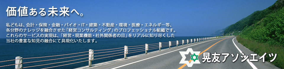 晃友アソシエイツは保険・金融・バイオ・IT・建築・不動産・環境・医療・エネルギー等の各分野のナレッジを融合させた「経営コンサルティング」のプロフェッショナル組織です。